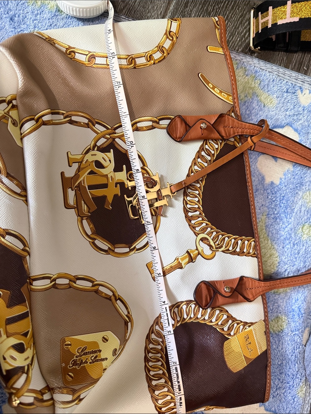 Ralph Lauren Cream Tote with Tan Straps and Gold Chain Print - Picture 6 of 7
